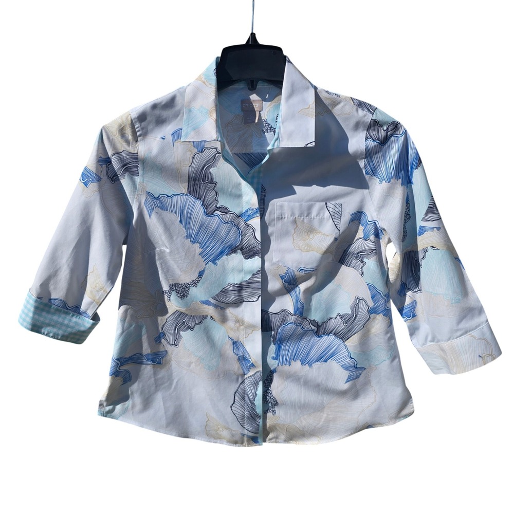 Chicos NWOT No Iron Cotton 3/4 Sleeve Button Down Shirt Blue Size 0/ Small